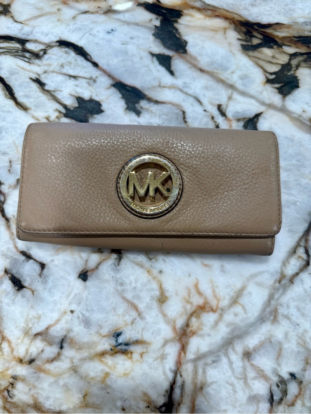 Michael Kors Beige Leather Continental Wallet with Gold MK Emblem